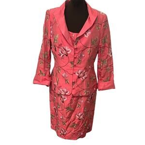 Paule Vasseur Made in France Pink 100% Silk Floral Blazer Dress Set Size 12